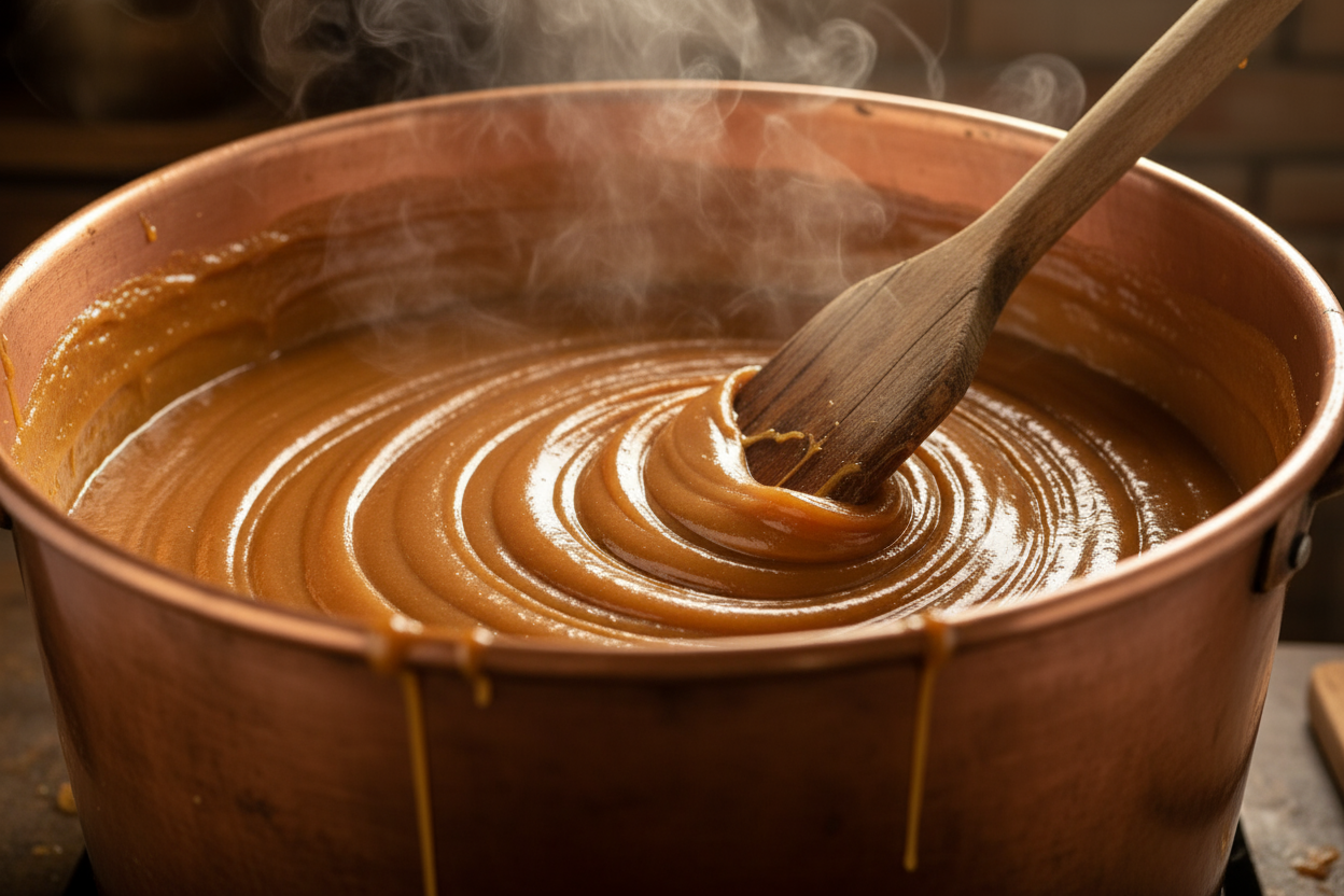 Close up of a large copper kettle of caramel being stirred with a wooden paddle